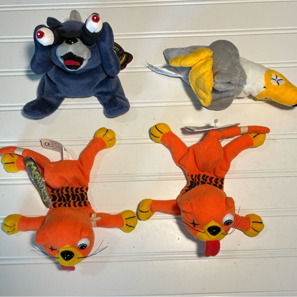 Lot of 4 Beanie Meanies 3 Have Tags Avg size 6x5" 2 Cats, Peeping Tom Cat, Duck